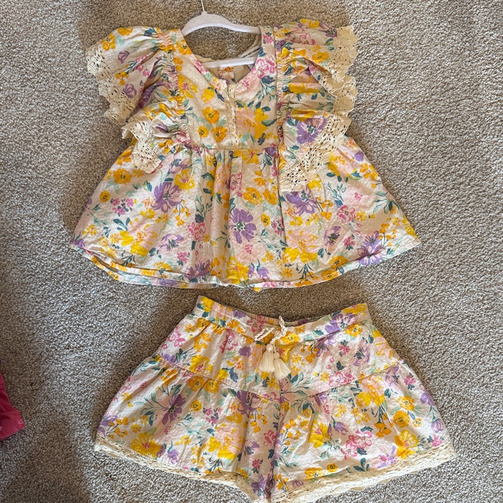 Floral Top and Shorts Set with Lace Trim